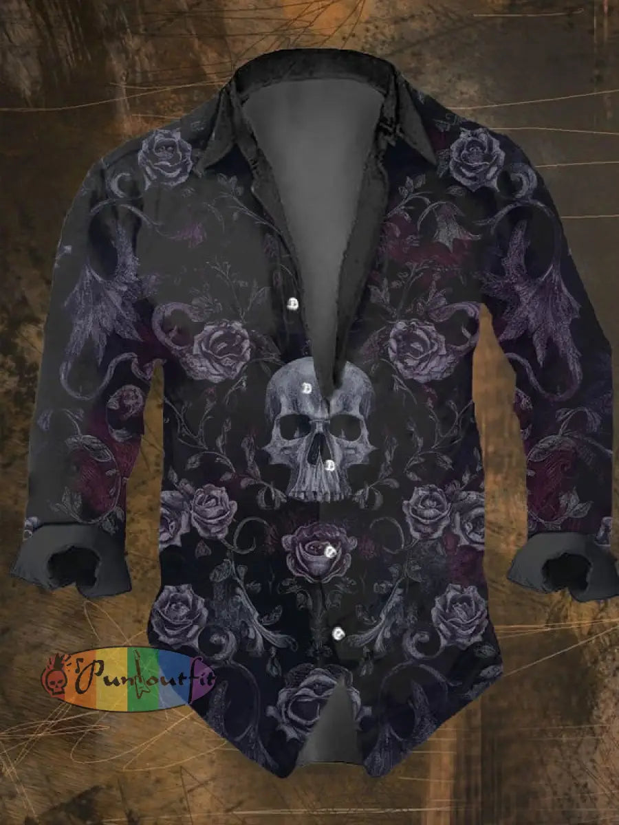 Men’s Vintage Dark Skull Print Long Sleeve Shirt Multicolor / S