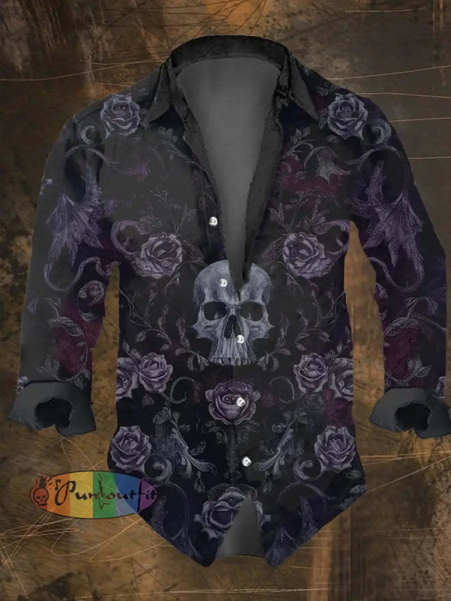Men’s Vintage Dark Skull Print Long Sleeve Shirt Multicolor / S
