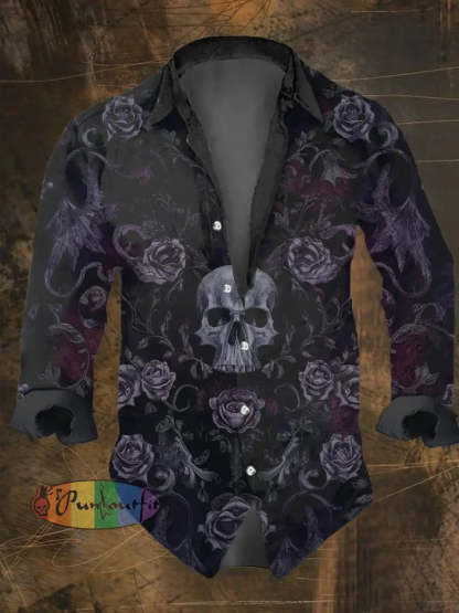 Men’s Vintage Dark Skull Print Long Sleeve Shirt Multicolor / S