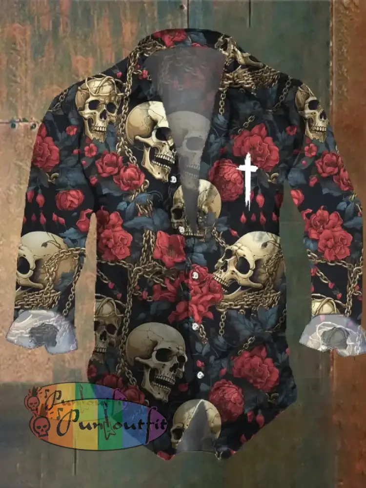 Men’s Vintage Dark Skull Print Long Sleeve Shirt Multicolor / S