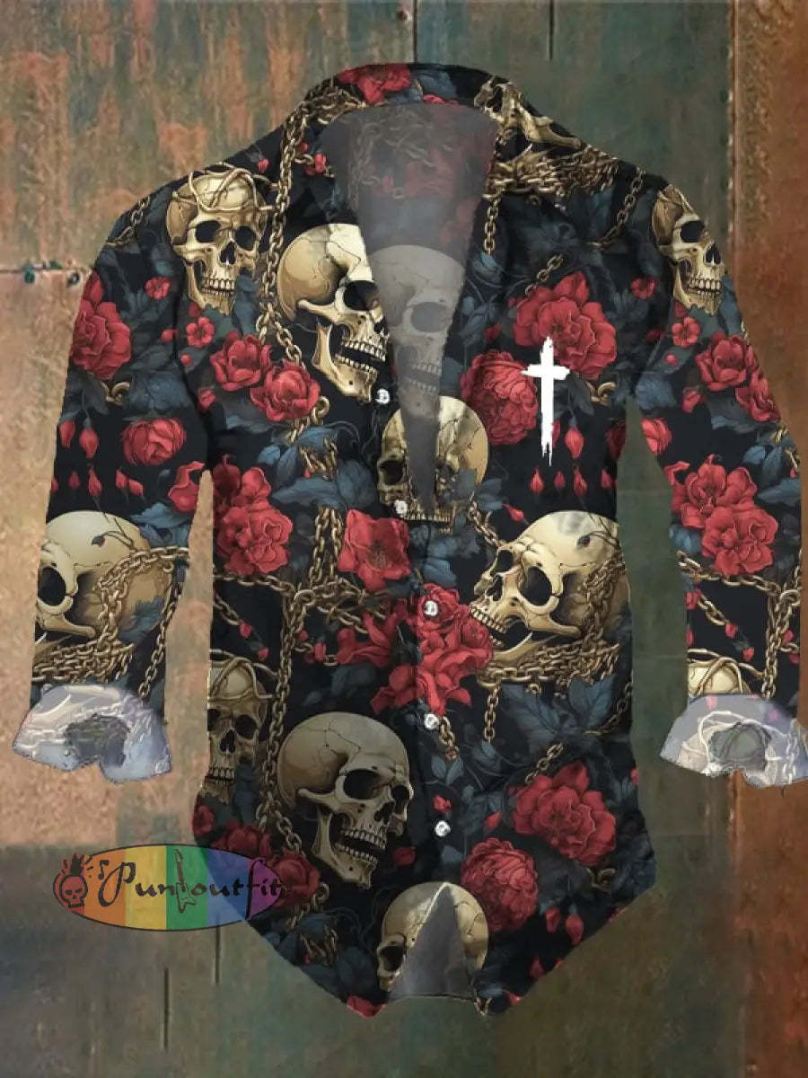 Men’s Vintage Dark Skull Print Long Sleeve Shirt Multicolor / S
