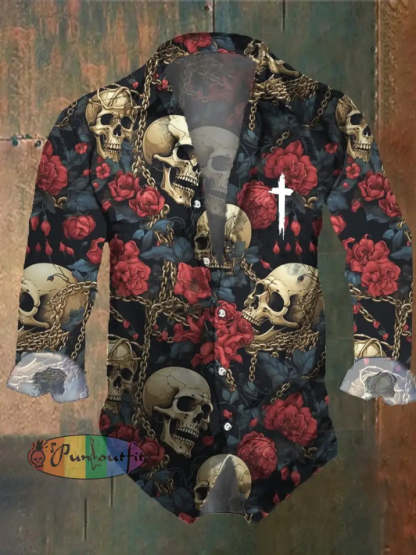 Men’s Vintage Dark Skull Print Long Sleeve Shirt Multicolor / S