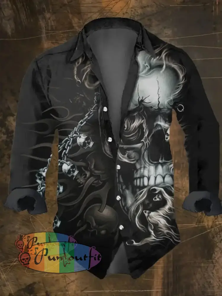 Men’s Vintage Dark Skull Print Long Sleeve Shirt Multicolor / S