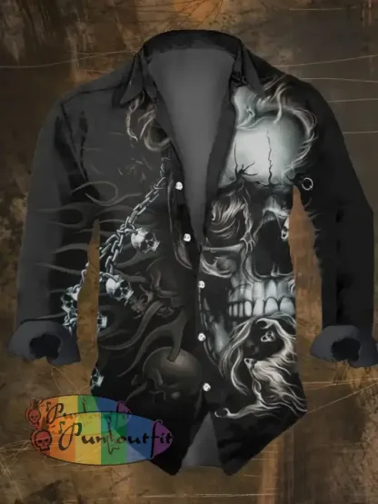 Men’s Vintage Dark Skull Print Long Sleeve Shirt Multicolor / S