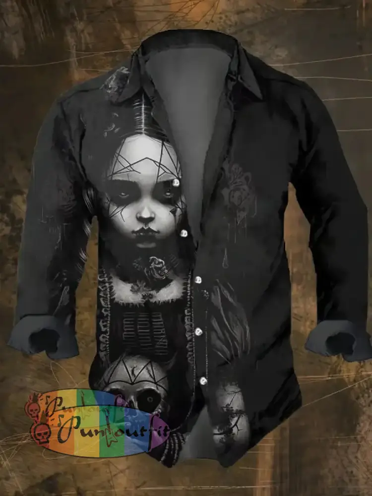Men’s Vintage Dark Skull Print Long Sleeve Shirt Multicolor / S