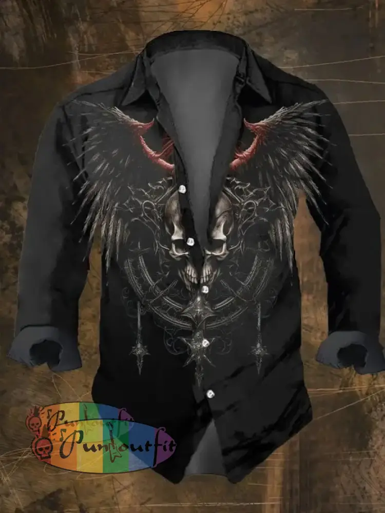 Men’s Vintage Dark Skull Print Long Sleeve Shirt Multicolor / S