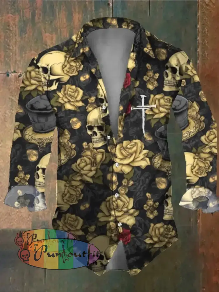 Men’s Vintage Dark Skull Print Long Sleeve Shirt Multicolor / S