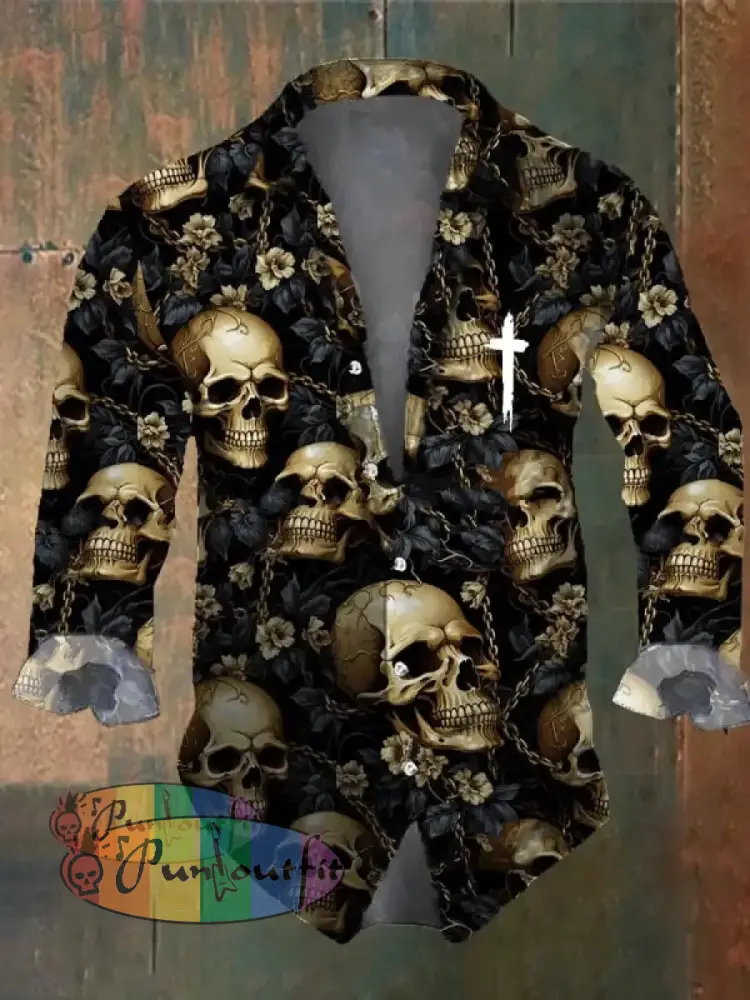 Men’s Vintage Dark Skull Print Long Sleeve Shirt Multicolor / S
