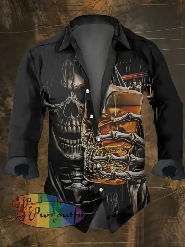 Men’s Vintage Dark Skull Print Long Sleeve Shirt Multicolor / S