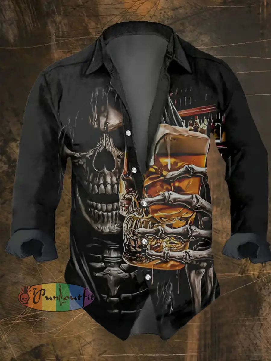 Men’s Vintage Dark Skull Print Long Sleeve Shirt Multicolor / S