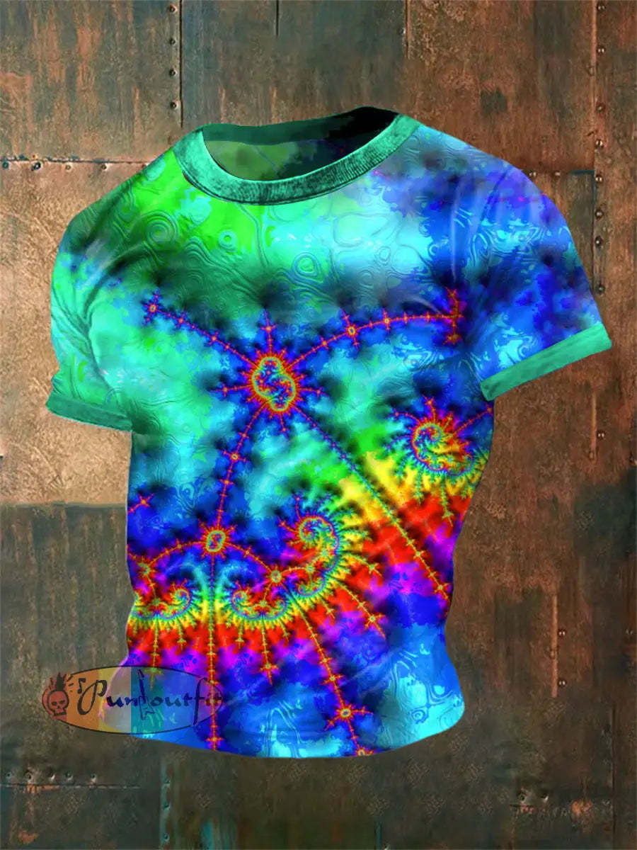 Men’s Vintage Electronic Music Festival Colourful Glitter Swirls Abstract Print Casual Cotton Short Sleeve T-Shirt