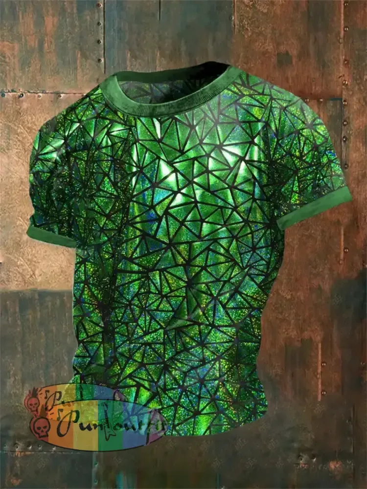 Men’s Vintage Electronic Music Festival Green Glitter Sequins Geometric Abstract Print Casual Cotton Short Sleeve
