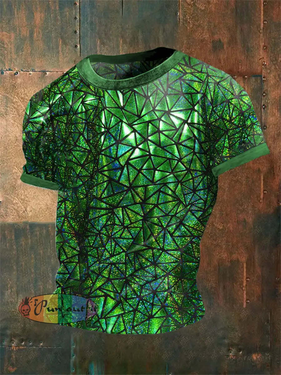 Men’s Vintage Electronic Music Festival Green Glitter Sequins Geometric Abstract Print Casual Cotton Short Sleeve