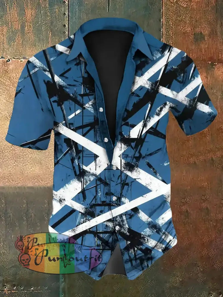 Men’s Vintage Festival Guitar Lines Colourful Abstract Print Casual Cotton Short Sleeve Shirt Blue / S
