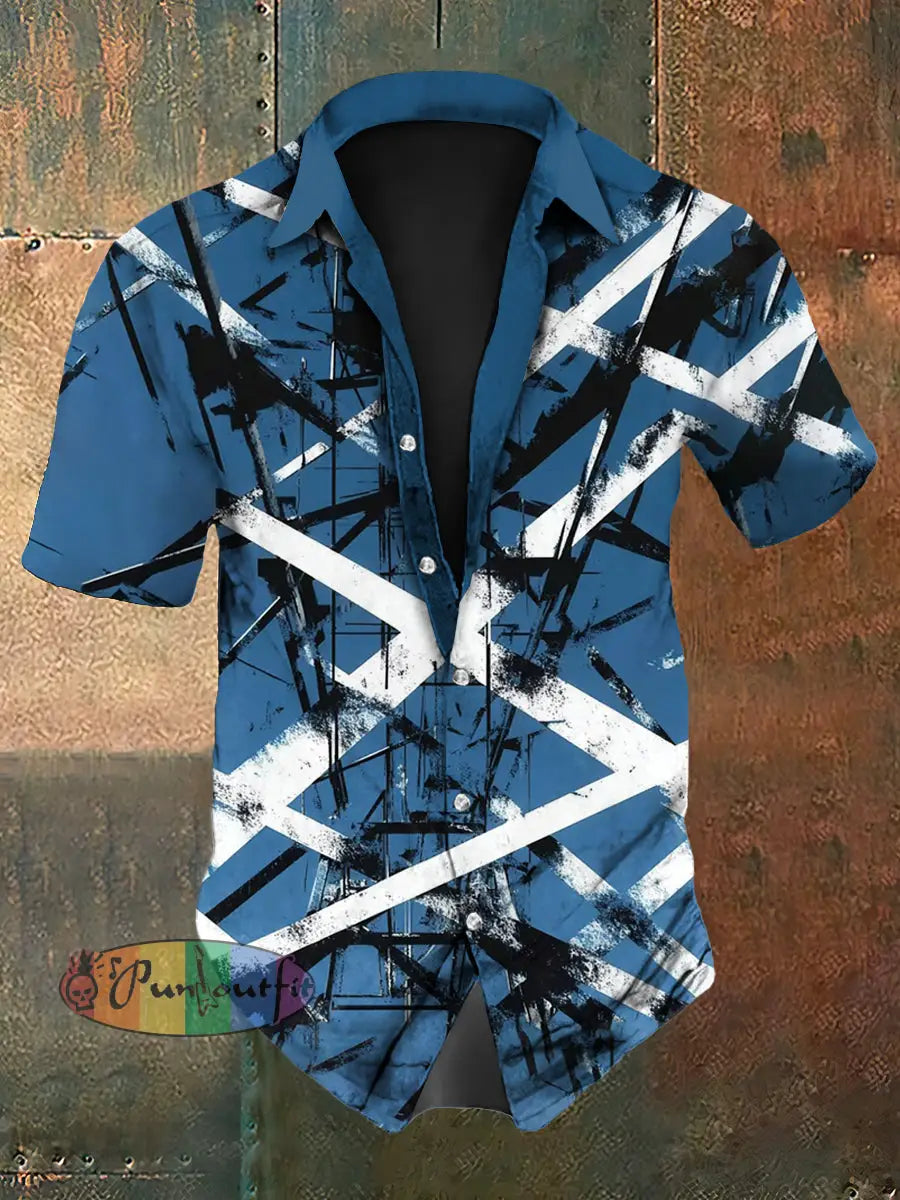 Men’s Vintage Festival Guitar Lines Colourful Abstract Print Casual Cotton Short Sleeve Shirt Blue / S