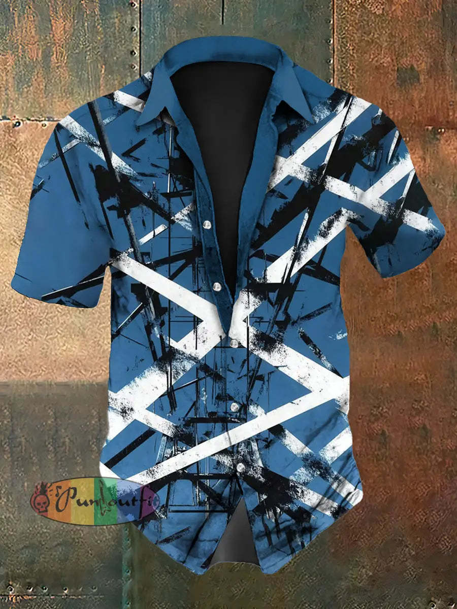 Men’s Vintage Festival Guitar Lines Colourful Abstract Print Casual Cotton Short Sleeve Shirt Blue / S