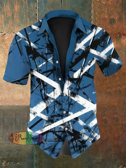 Men’s Vintage Festival Guitar Lines Colourful Abstract Print Casual Cotton Short Sleeve Shirt Blue / S