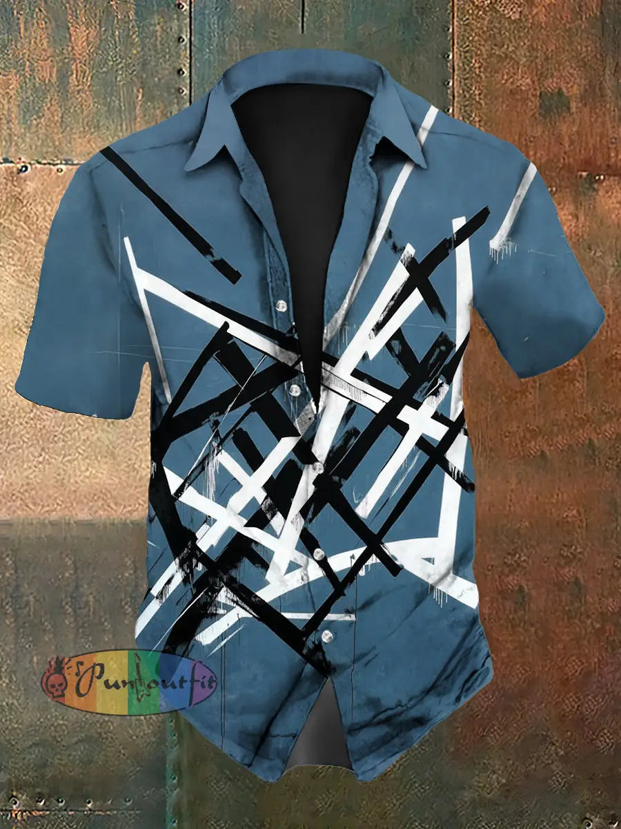 Men’s Vintage Festival Guitar Lines Colourful Abstract Print Casual Cotton Short Sleeve Shirt Blue / S