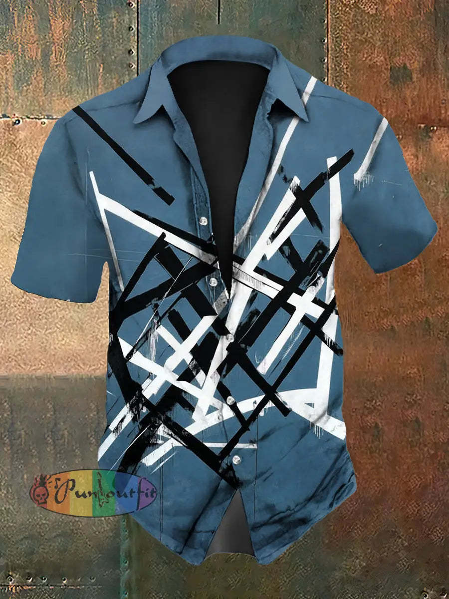 Men’s Vintage Festival Guitar Lines Colourful Abstract Print Casual Cotton Short Sleeve Shirt Blue / S