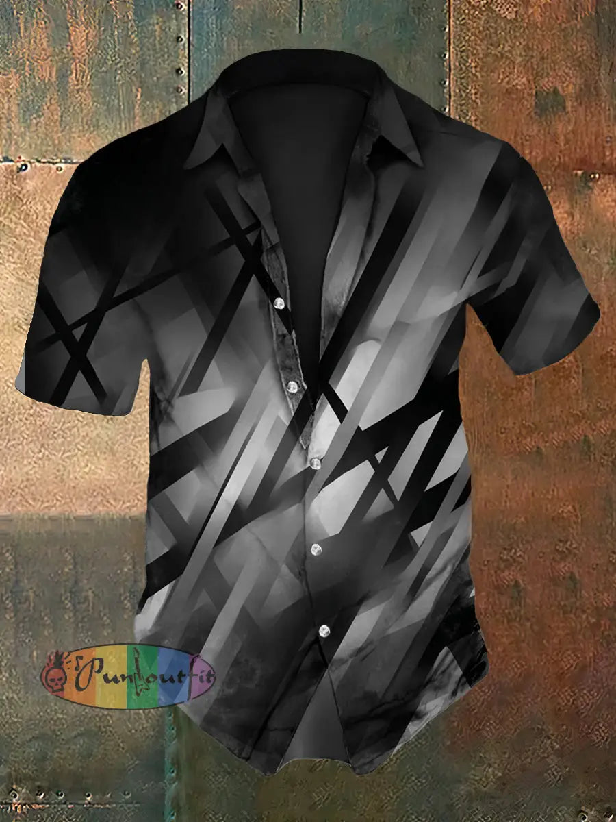 Men’s Vintage Festival Guitar Lines Colourful Abstract Print Casual Cotton Short Sleeve Shirt Gray / S