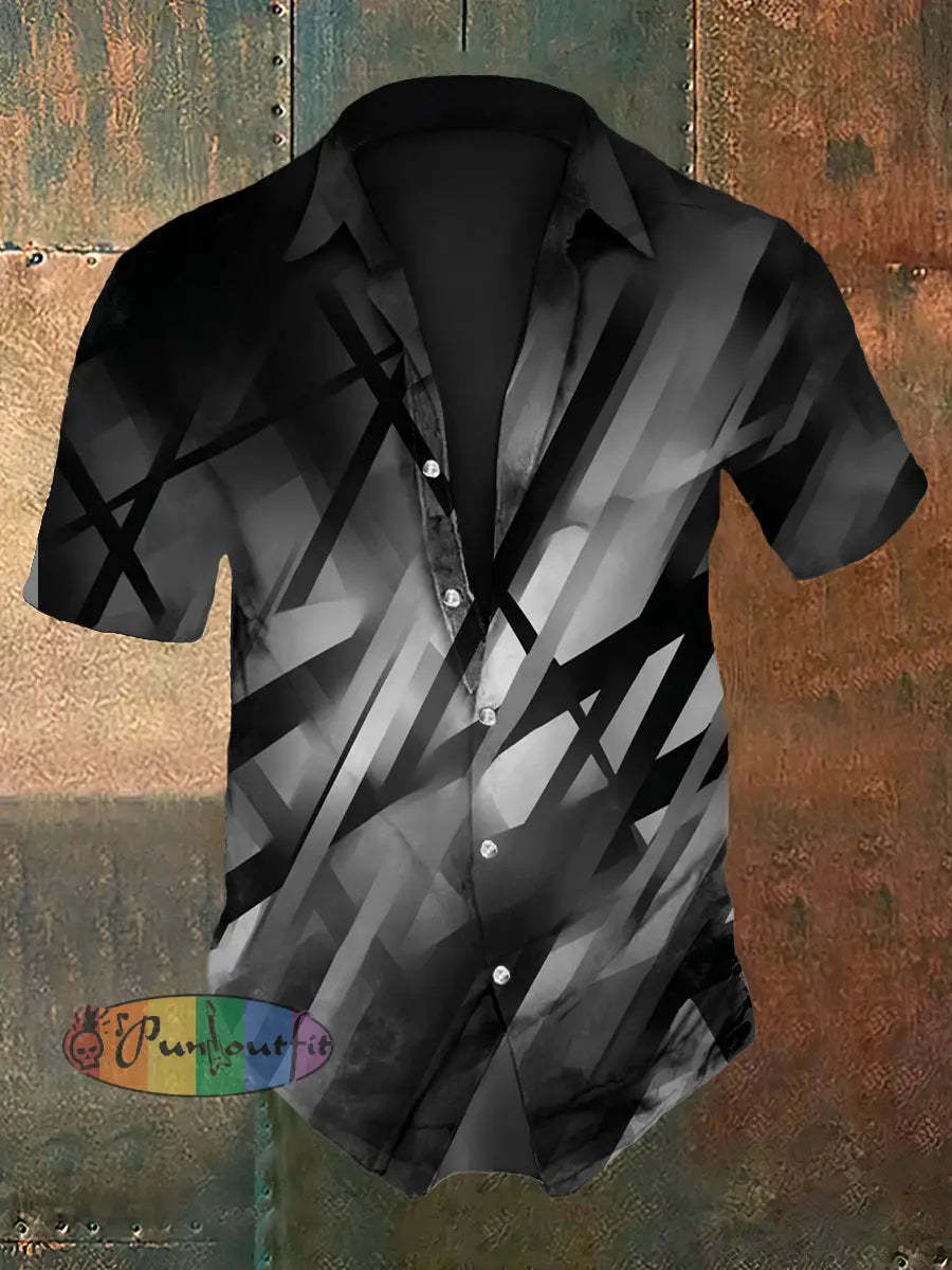 Men’s Vintage Festival Guitar Lines Colourful Abstract Print Casual Cotton Short Sleeve Shirt Gray / S