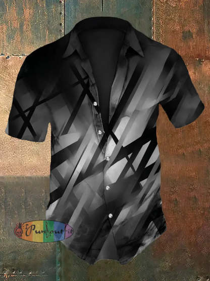 Men’s Vintage Festival Guitar Lines Colourful Abstract Print Casual Cotton Short Sleeve Shirt Gray / S