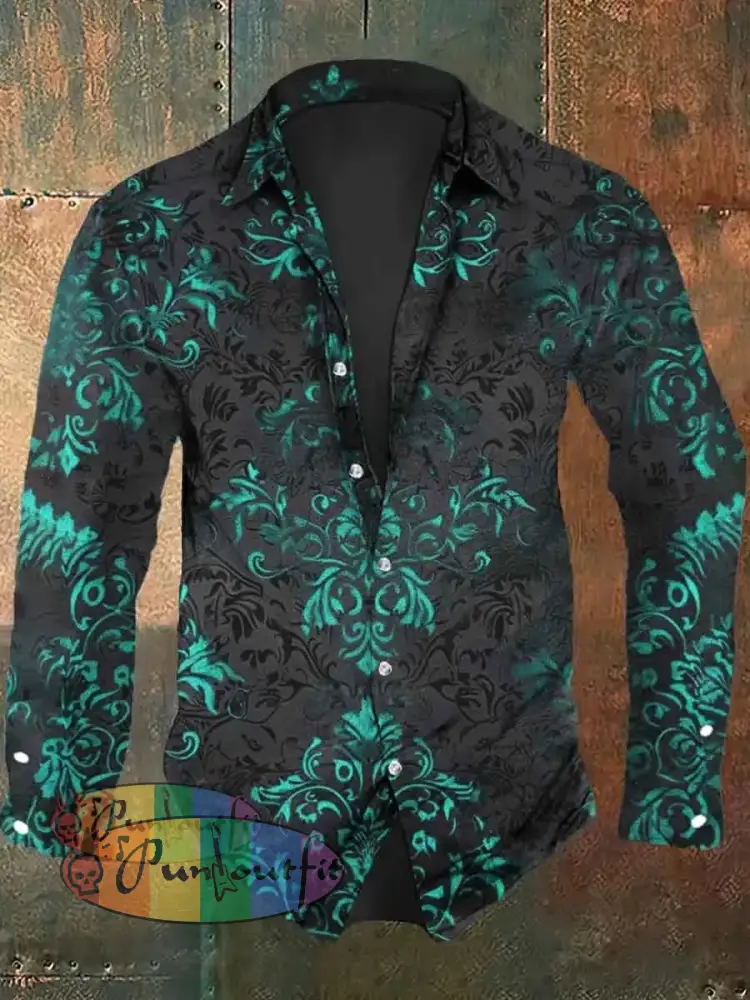 Men’s Vintage Floral Print Casual Long Sleeve Shirt