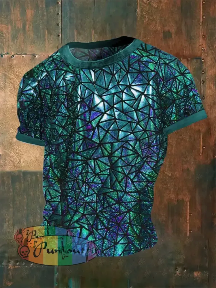 Men’s Vintage Gothic 3D Geometric Music Festival Abstract Print Casual Cotton Short Sleeve T-Shirt Blue / S