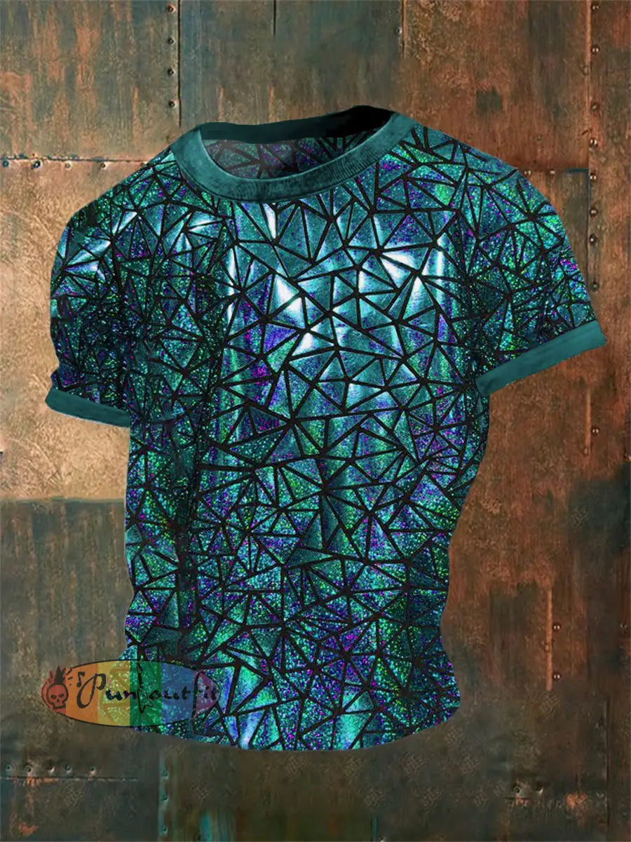 Men’s Vintage Gothic 3D Geometric Music Festival Abstract Print Casual Cotton Short Sleeve T-Shirt Blue / S