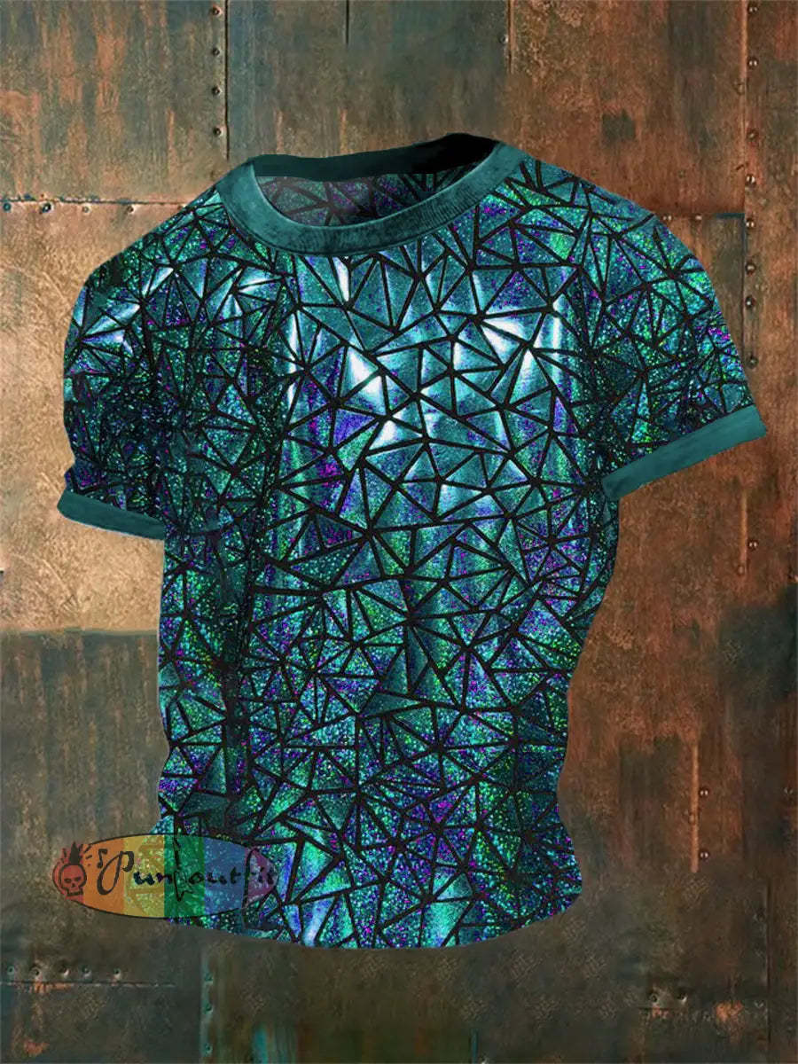 Men’s Vintage Gothic 3D Geometric Music Festival Abstract Print Casual Cotton Short Sleeve T-Shirt Blue / S
