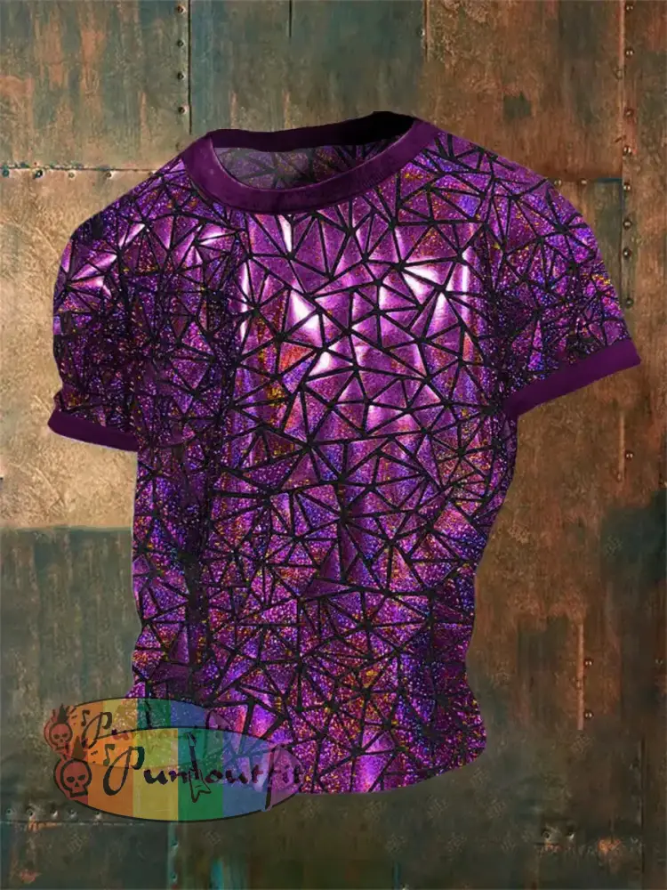 Men’s Vintage Gothic 3D Geometric Music Festival Abstract Print Casual Cotton Short Sleeve T-Shirt Purple / S
