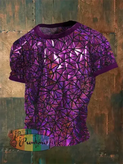 Men’s Vintage Gothic 3D Geometric Music Festival Abstract Print Casual Cotton Short Sleeve T-Shirt Purple / S