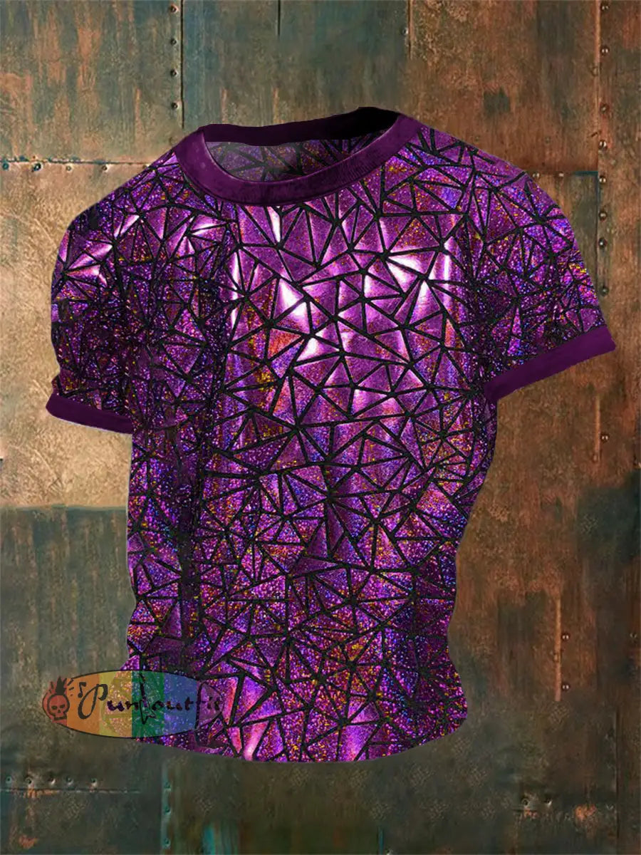 Men’s Vintage Gothic 3D Geometric Music Festival Abstract Print Casual Cotton Short Sleeve T-Shirt Purple / S