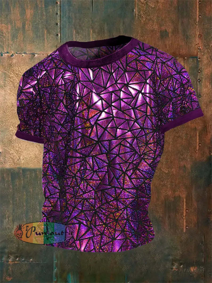 Men’s Vintage Gothic 3D Geometric Music Festival Abstract Print Casual Cotton Short Sleeve T-Shirt Purple / S