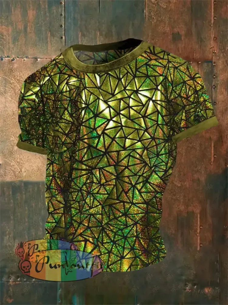 Men’s Vintage Gothic 3D Geometric Music Festival Abstract Print Casual Cotton Short Sleeve T-Shirt Yellow / S