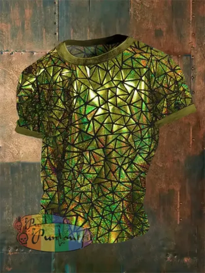 Men’s Vintage Gothic 3D Geometric Music Festival Abstract Print Casual Cotton Short Sleeve T-Shirt Yellow / S
