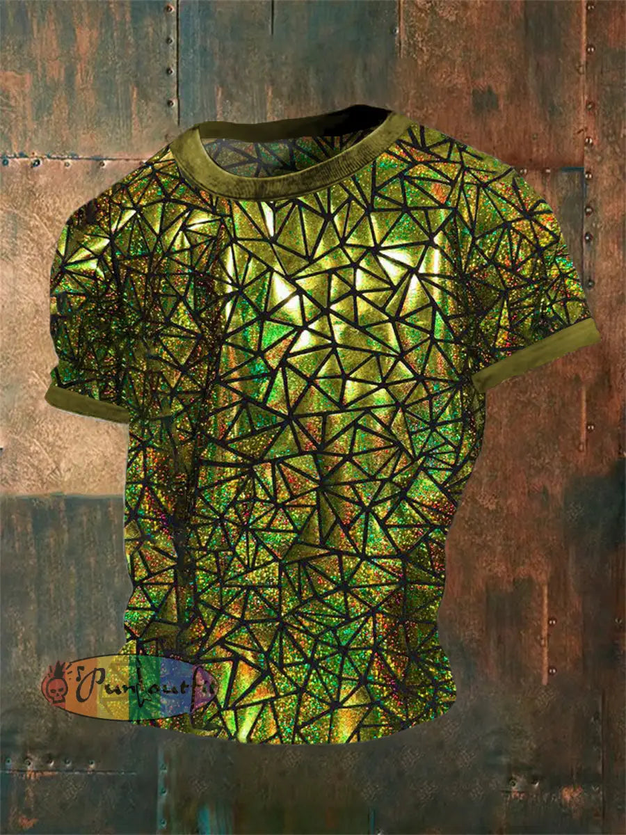 Men’s Vintage Gothic 3D Geometric Music Festival Abstract Print Casual Cotton Short Sleeve T-Shirt Yellow / S