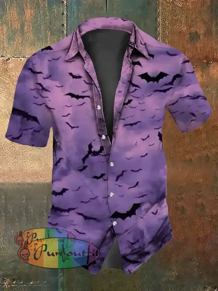 Men’s Vintage Gothic Bats Abstract Print Casual Cotton Short Sleeve Shirt Purple / S