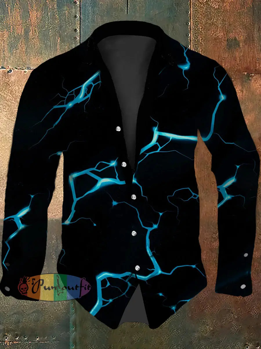 Men’s Vintage Gothic Blue Lightning Abstract Print Casual Long Sleeve Shirt Black / S