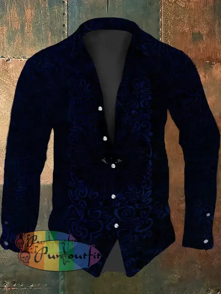 Men’s Vintage Gothic Character Punk Eyes Abstract Print Casual Long Sleeve Shirt Navy Blue / S