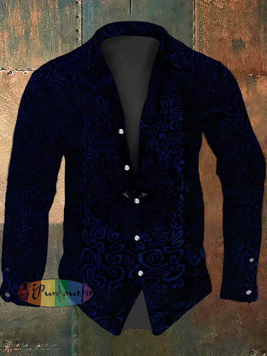 Men’s Vintage Gothic Character Punk Eyes Abstract Print Casual Long Sleeve Shirt Navy Blue / S