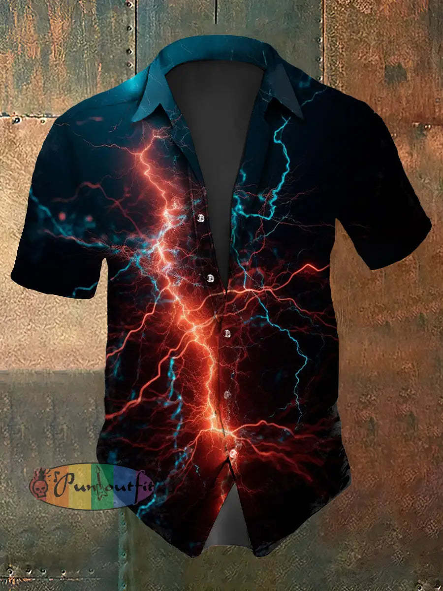 Men’s Vintage Gothic Colourful Lightning Abstract Print Casual Cotton Short Sleeve Shirt As picture / S