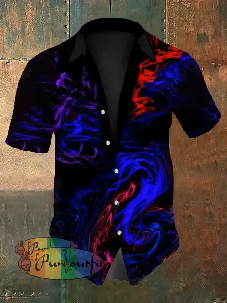 Men’s Vintage Gothic Colourful Wave Swirls Abstract Print Casual Cotton Short Sleeve Shirt Purple / S