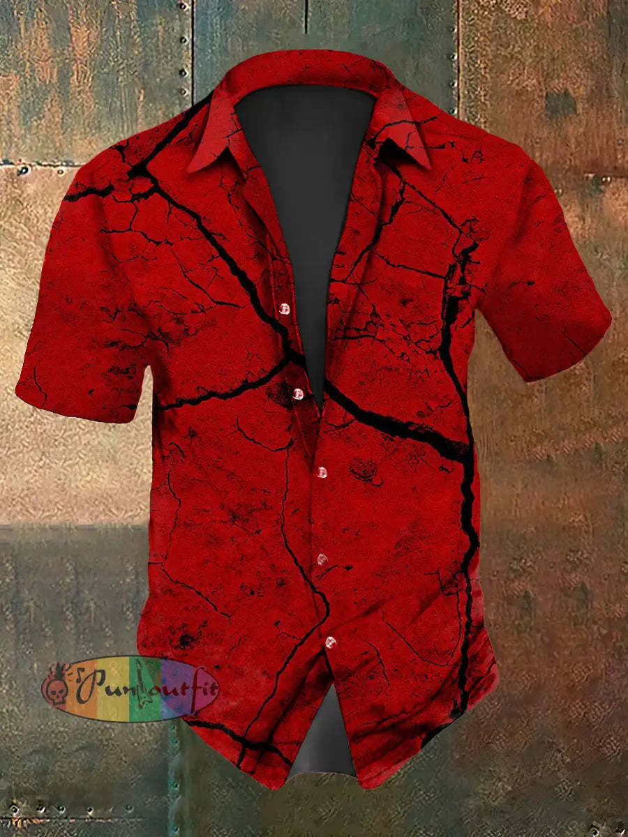 Men’s Vintage Gothic Crack Aged Abstract Print Casual Cotton Short Sleeve Shirt Red / S