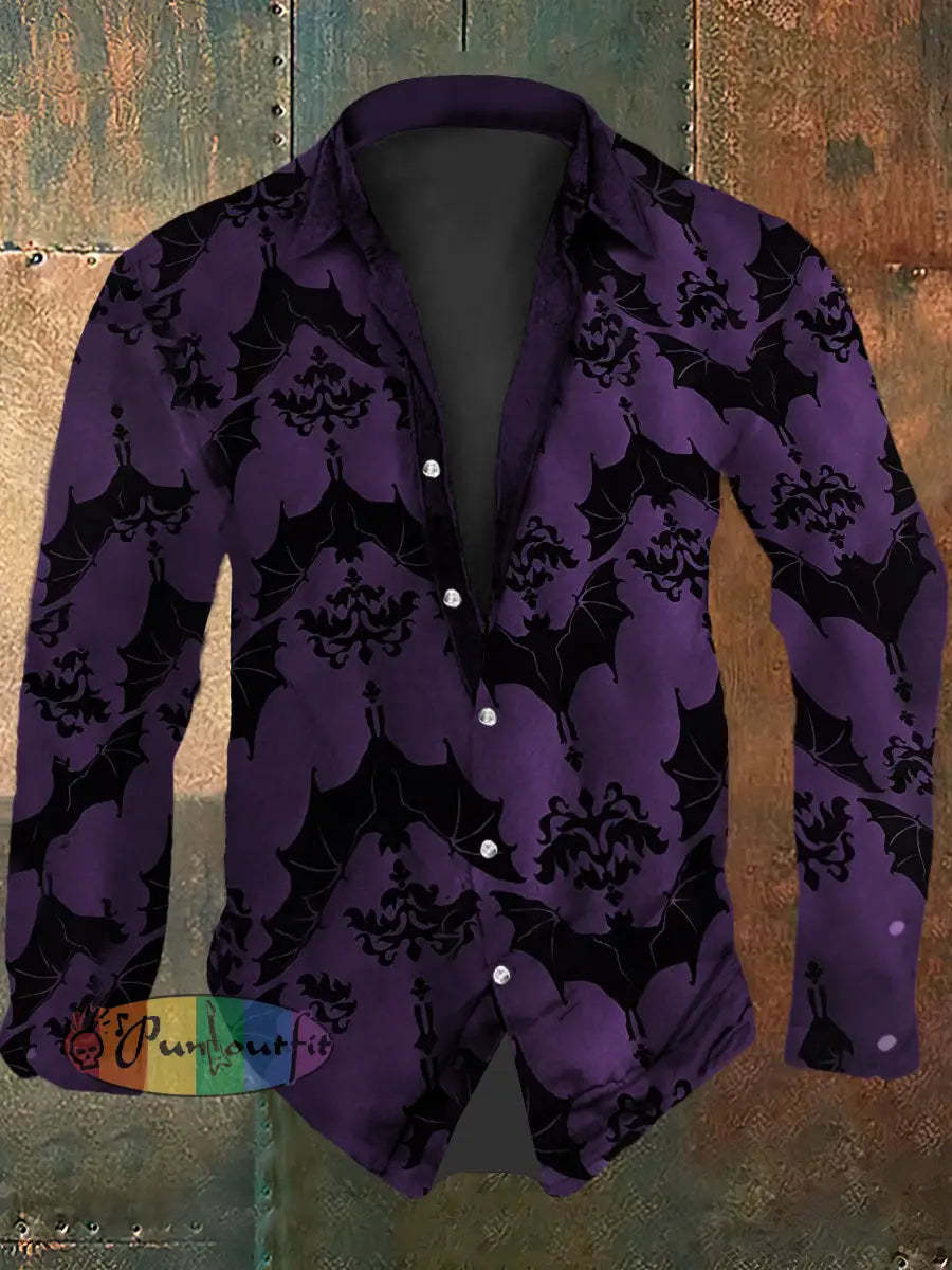 Men’s Vintage Gothic Floral Bat Patterns Abstract Print Casual Long Sleeve Shirt Purple / S