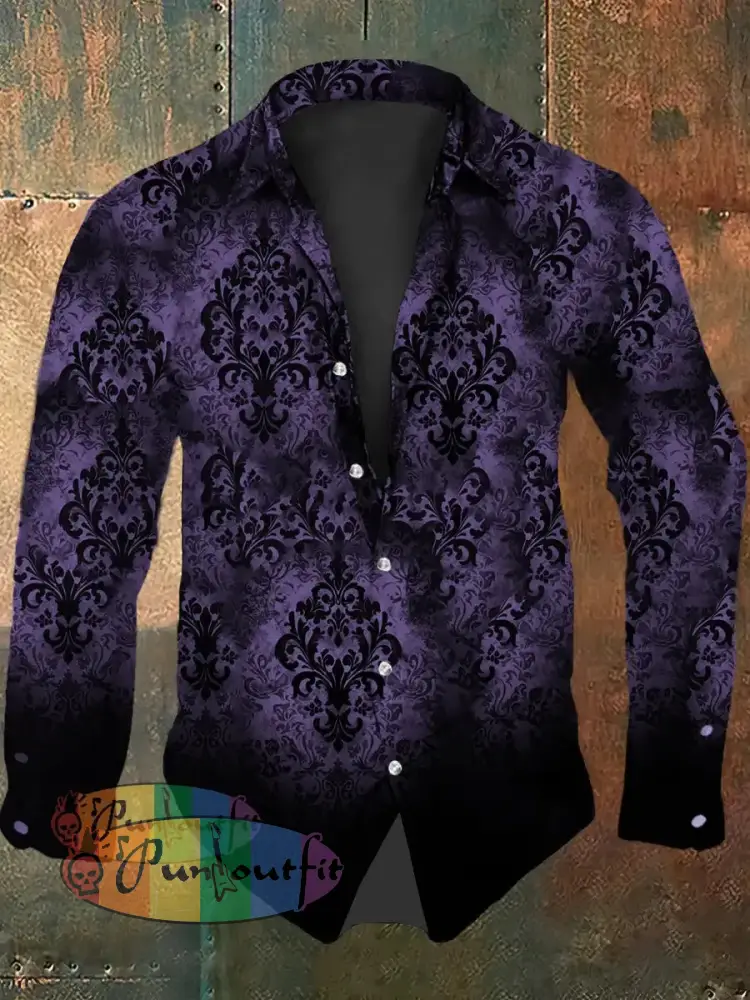 Men’s Vintage Gothic Floral Gradient Abstract Print Casual Long Sleeve Shirt Purple / S