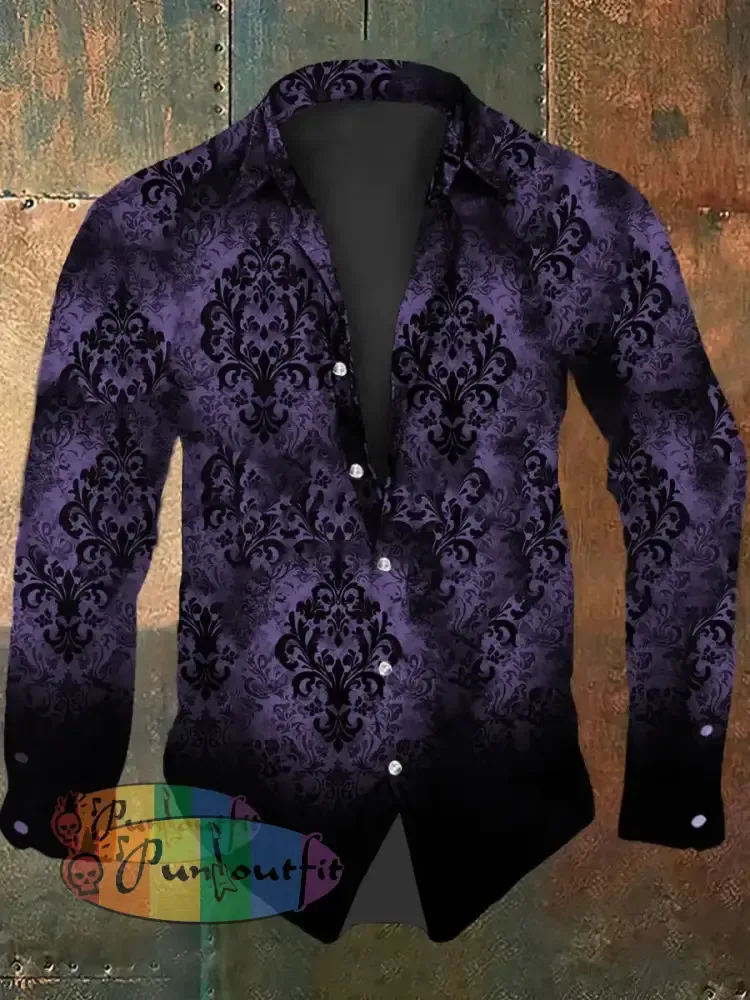 Men’s Vintage Gothic Floral Gradient Abstract Print Casual Long Sleeve Shirt Purple / S