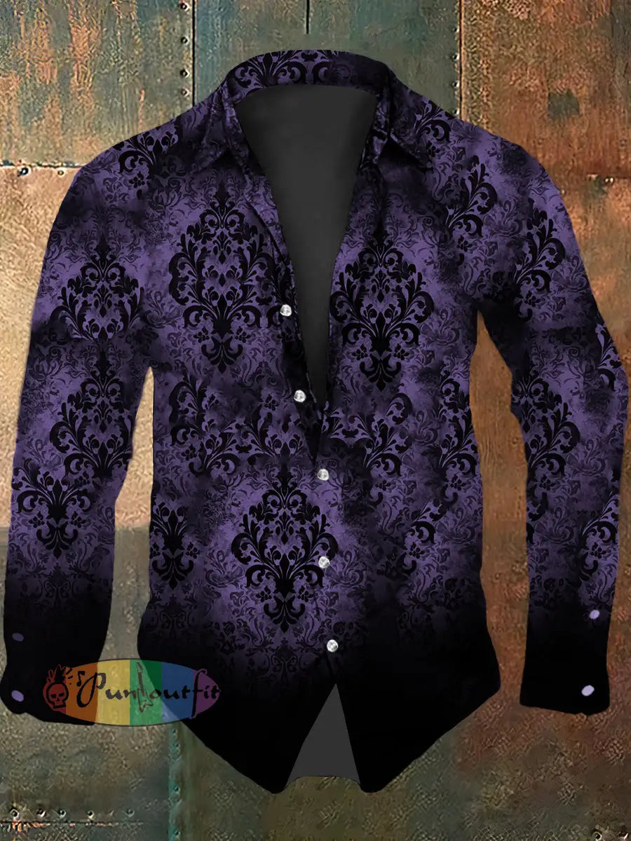 Men’s Vintage Gothic Floral Gradient Abstract Print Casual Long Sleeve Shirt Purple / S
