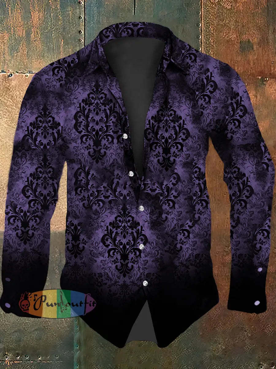 Men’s Vintage Gothic Floral Gradient Abstract Print Casual Long Sleeve Shirt Purple / S