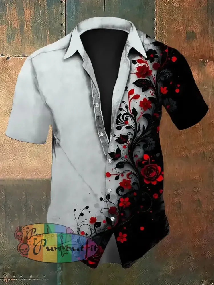 Men’s Vintage Gothic Floral Pattern Gradient Abstract Print Casual Cotton Short Sleeve Shirt As picture / S